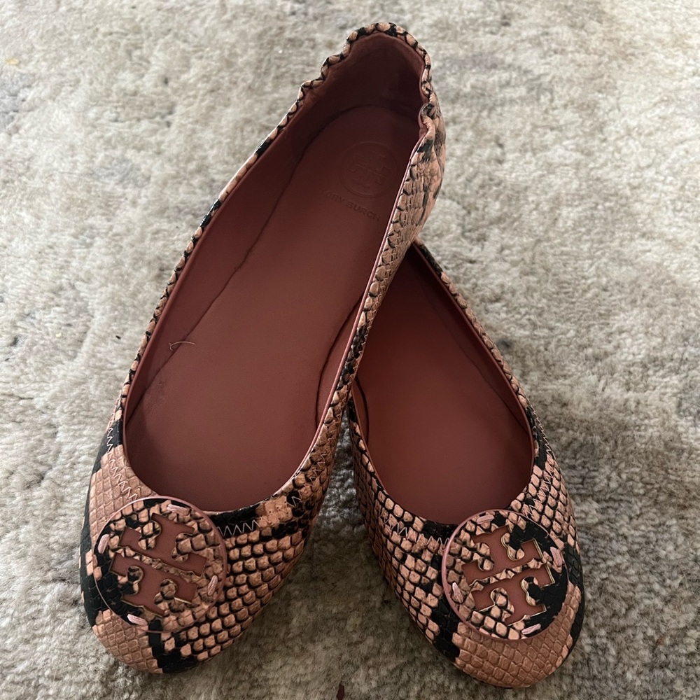 Tory Burch Minnie Travel Ballet Womens Leather Snake Print Ballet Flats